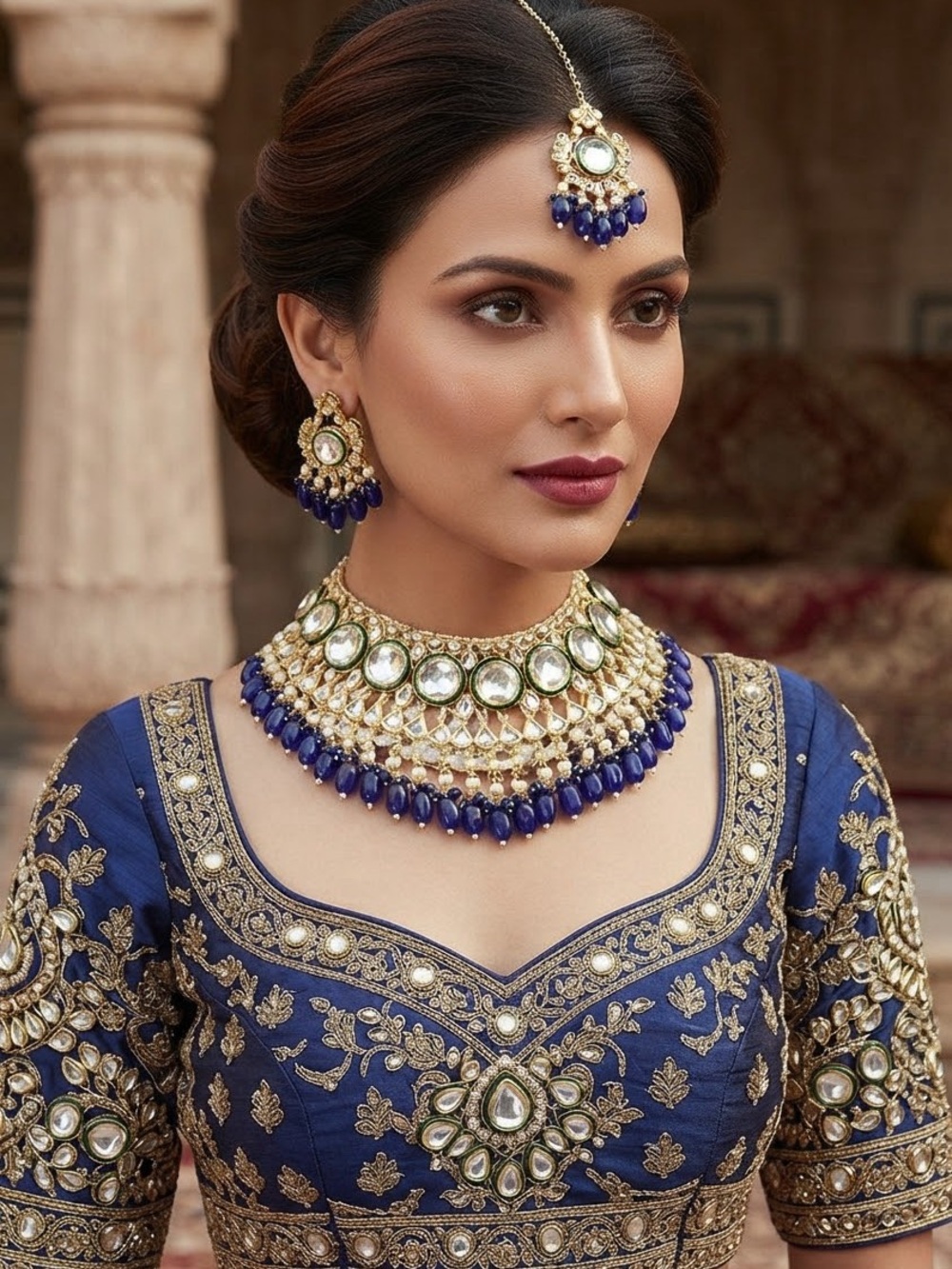Traditional Blue and Gold Kundan Choker Necklace earrings and tikka- Women Jewel